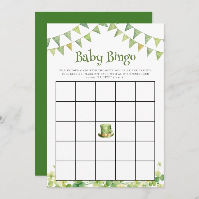 Cartão De Notas St Patrick’s Day Baby Shower Bingo Game Card (Frente/Verso)