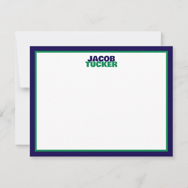 Cartão De Notas Stacked Name Navy Green Border Preppy Stationery (Frente)