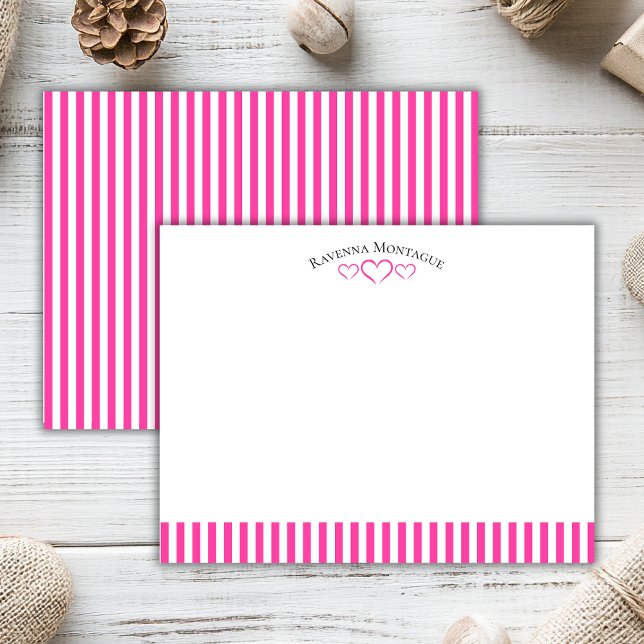 Cartão De Notas Strawberry Modern Open Hearts Striped Note Card (Criador carregado)