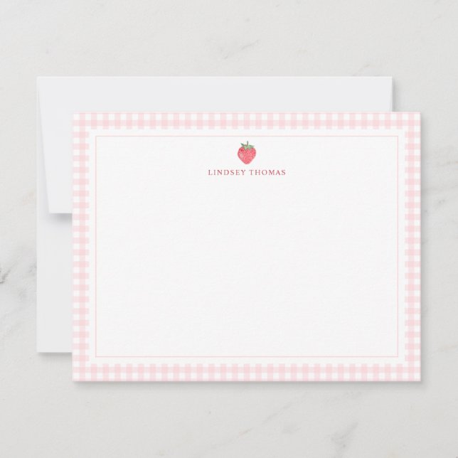 Cartão De Notas Strawberry Pink Gingham Border Personalized (Frente)