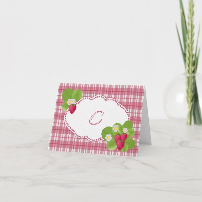 Cartão De Notas Strawberry Plaid Monogram C Note Card (Frente)