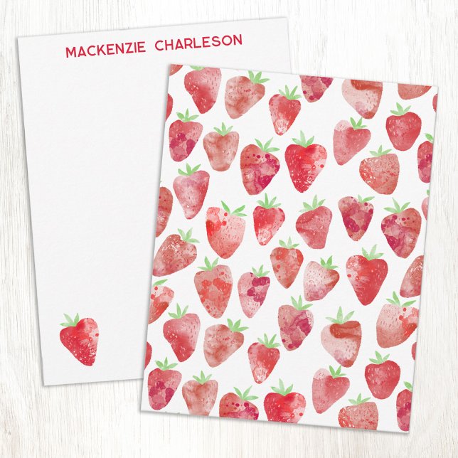 Cartão De Notas Strawberry Watercolor Personalized (Strawberry watercolor art pattern personalized custom name or text notecards)