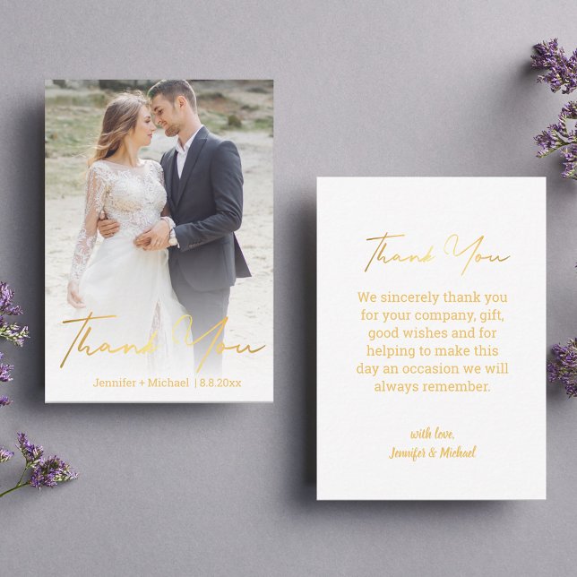 Cartão De Notas stylish gold handwritten wedding  photo  thank you (Criador carregado)