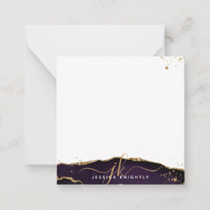 Cartão De Notas Stylish Purple Agate Script Monogram Gold Glitter