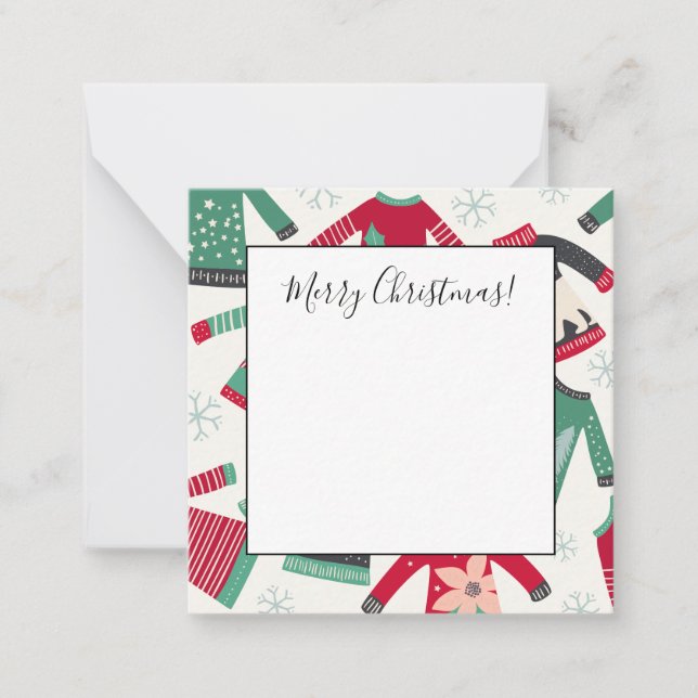 Cartão De Notas Suéter Feio do Natal Padrão de Férias Verde Vermel (Frente)