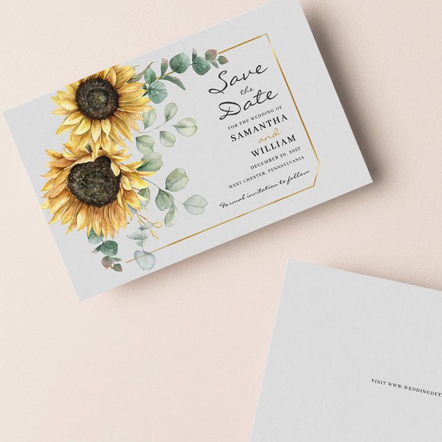 Cartão De Notas Sunflower Eucalyptus Floral Botanista Data de Salv (Sunflower Eucalyptus Wedding Save the Date Announcement)