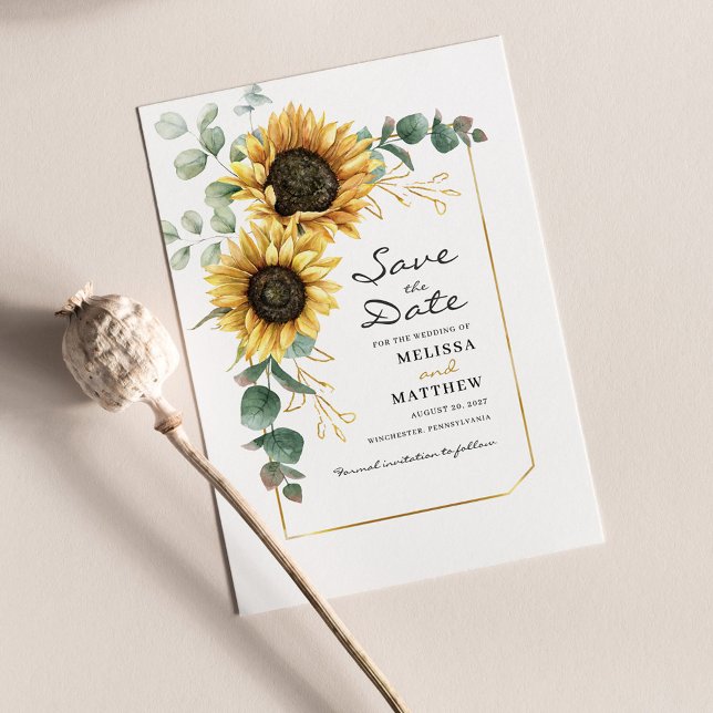 Cartão De Notas Sunflower Eucalyptus Greenery Salvar Data (Floral Save the Date Wedding Announcement)