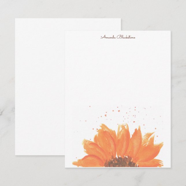 Cartão De Notas Sunflower Watercolor Stationary (Frente/Verso)
