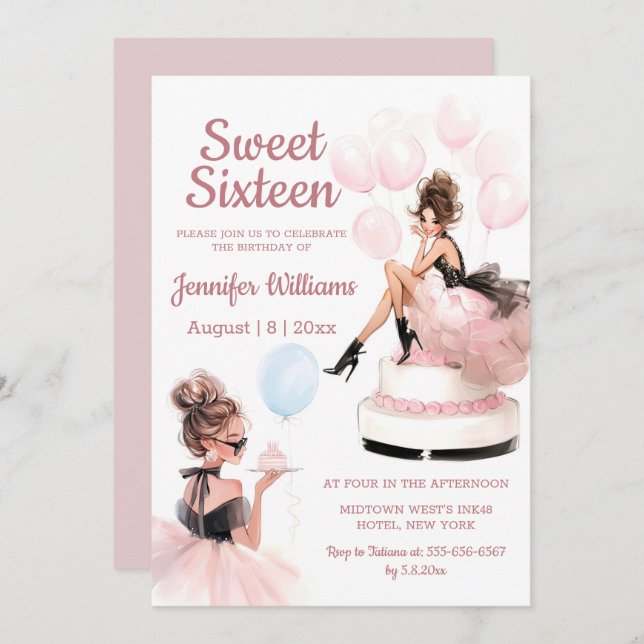 Cartão De Notas sweet 16 birthday girl pink party invitation  (Frente/Verso)