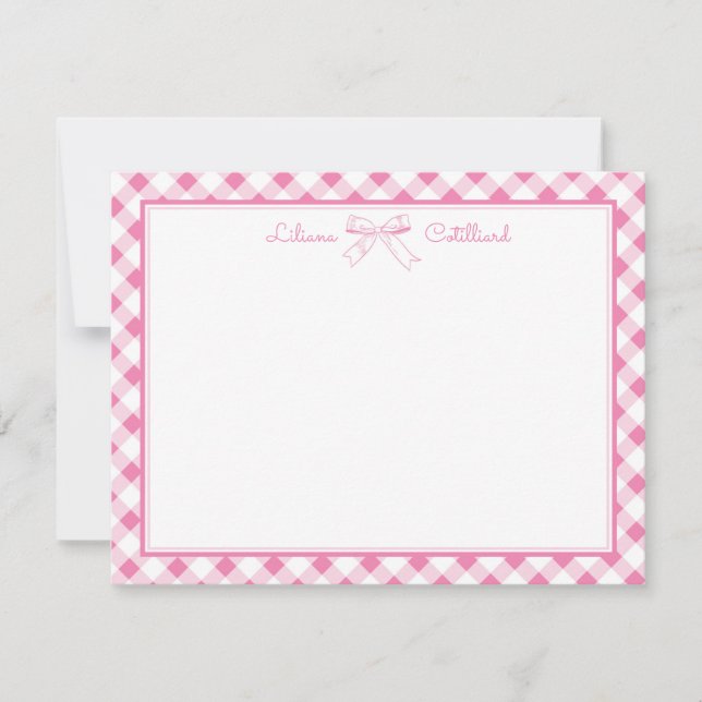 Cartão De Notas Sweet Pink Bow and Gingham Note Card (Frente)
