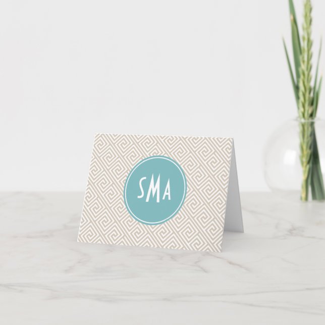 Cartão De Notas Tan and Aqua Greek Key Pattern Monogram (Frente)