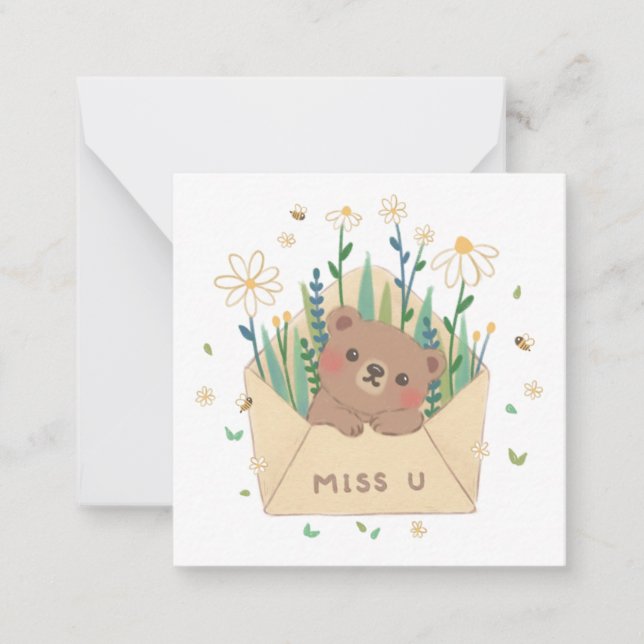 Cartão De Notas TE AMO: Urso de Pelúcia & Flores no Envelope (Frente)