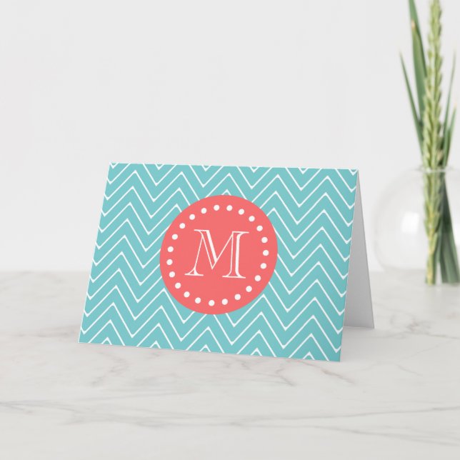 Cartão De Notas Teal and Coral Chevron with Custom Monogram (Frente)