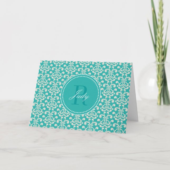 Cartão De Notas Teal Damask Monogram Note Cards (Frente)