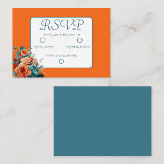 Cartão De Notas Teal e Orange Floral Wedding RSVP