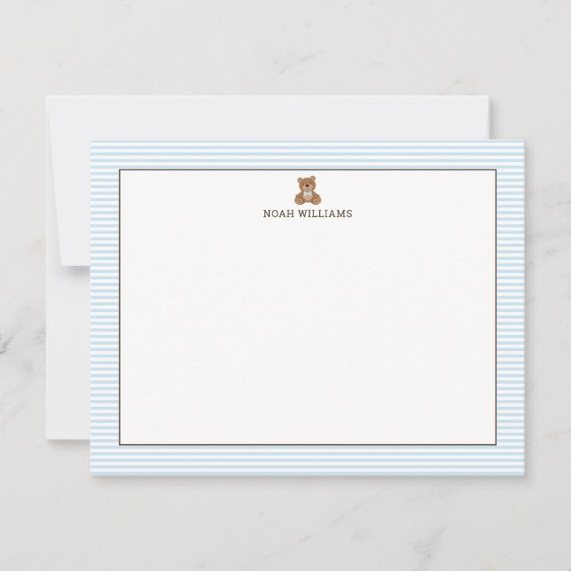 Cartão De Notas Teddy Bear Blue Stripes Personalized Stationery (Frente)