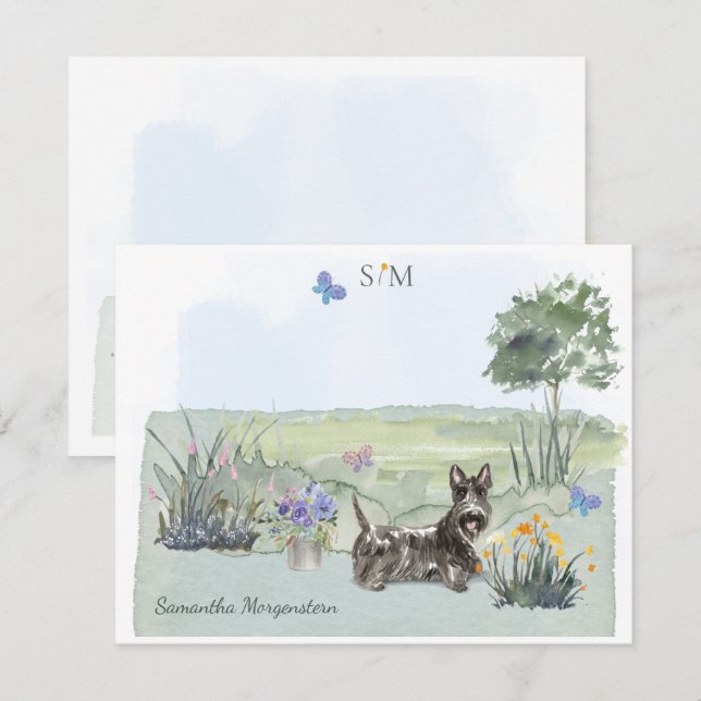 Cartão De Notas Terrier Butterfly Monograma & Name (Frente/Verso)