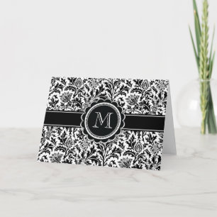 Cartão De Notas Teste padrão floral preto e branco do monograma