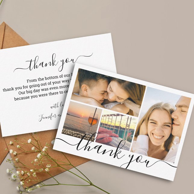 Cartão De Notas thank you chic handwriting 4 photo collage wedding (Criador carregado)