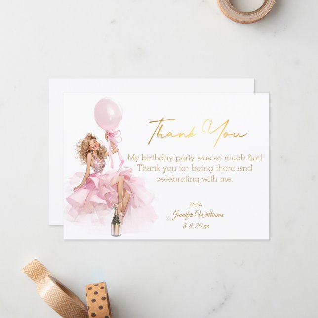 Cartão De Notas thank you happy birthday gold script pink dress  (Frente/Verso In Situ)