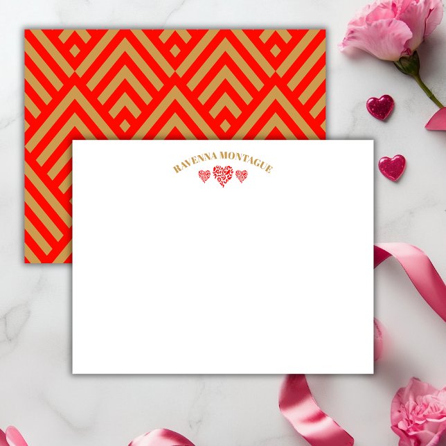 Cartão De Notas Three Hearts Gold Apple Red Striped Fans Note Card (Criador carregado)