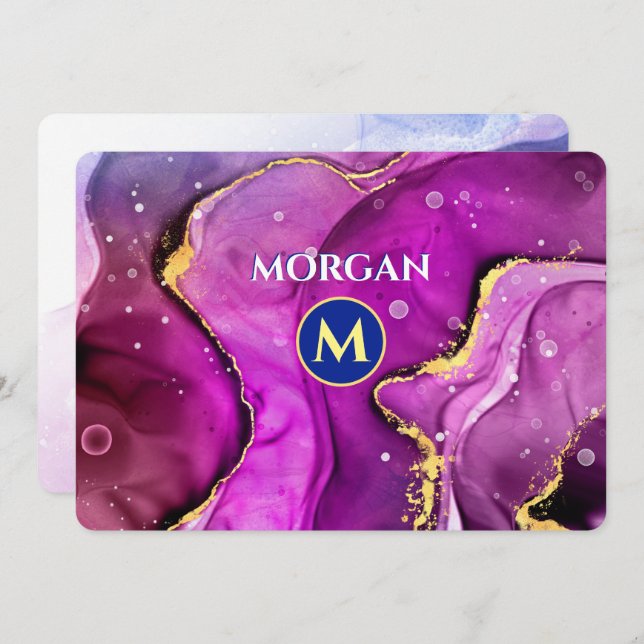 Cartão De Notas Tinta líquida violeta vermelha e Dourada, monogram (Frente/Verso)