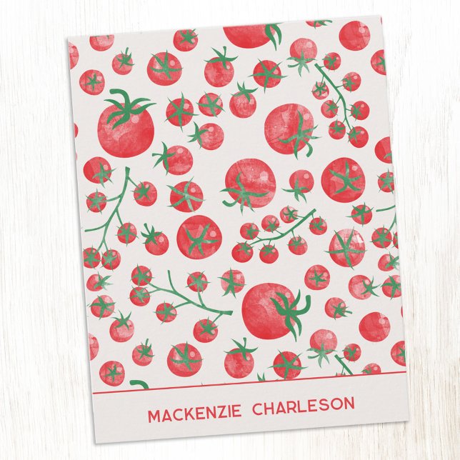 Cartão De Notas Tomato Watercolor Mediterranean Summer Personalize (Watercolor tomato Mediterranean summer kitchen garden personalized custom name art notecards)