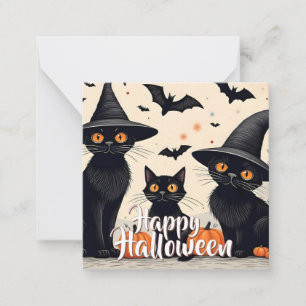 Cartão De Notas Três Gatos Pretos com Chapéus no Halloween