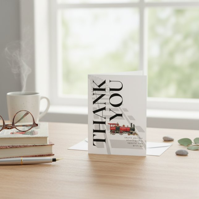 Cartão De Notas Trilhos do trem Vermelho Obrigado Dia Especial (Red Train Rails Thank You Special Day Note Card)