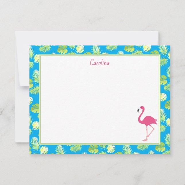 Cartão De Notas Tropical Flamingo Palm Branches Blue Stationery (Frente)