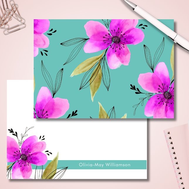 Cartão De Notas Turquesa e Aquarela Floral Rosa Personalizadas (Pink and turquoise teal notecards with floral watercolour illustration and customizable name)