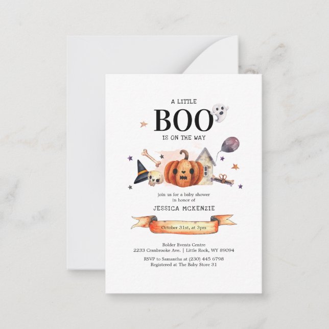Cartão De Notas Um Pequeno Boo a Caminho Baby Shower de Halloween (Frente)