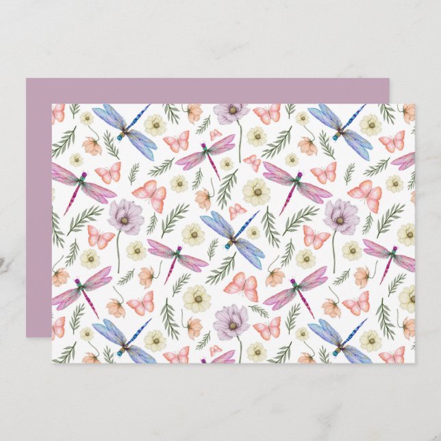 Cartão De Notas Unique Dragonflies & Butterflies Note Card (Frente/Verso)