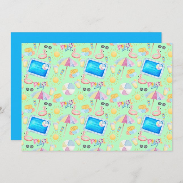Cartão De Notas Unique Pool Party Note Card in Green (Frente/Verso)