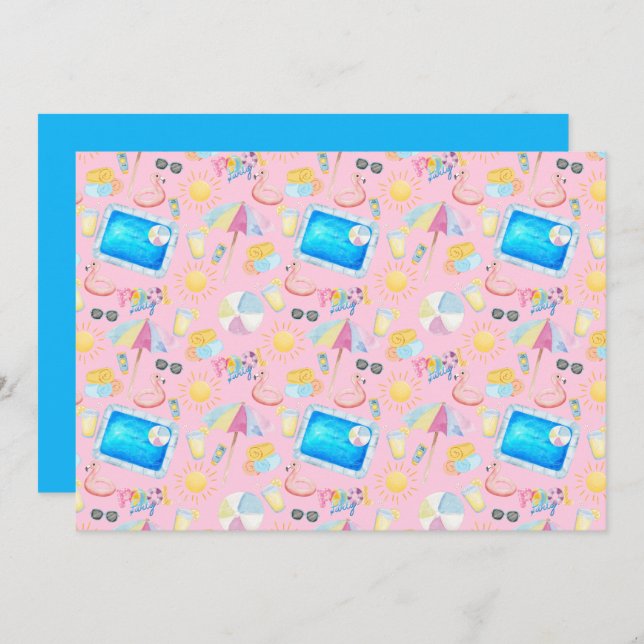 Cartão De Notas Unique Pool Party Note Card in Pink (Frente/Verso)