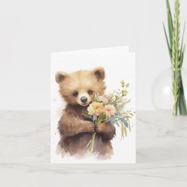 Cartão De Notas Urso Castanho Com Flores (Frente)