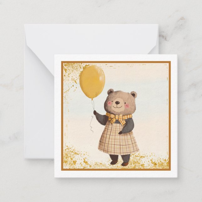 Cartão De Notas Urso em Xadrez Amarelo Vestido com Balão Amarelo (Frente)