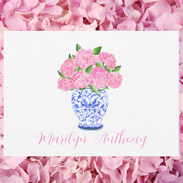 Cartão De Notas Vaso de Chinoiserie de Hidrangea Rosa em Aquarela