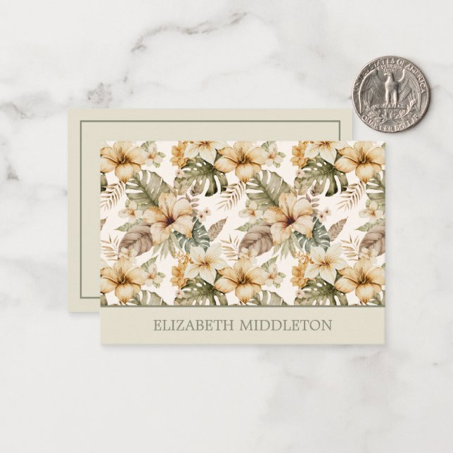 Cartão De Notas Verde e Creme Aquarela Tropical Floral (Frente/Verso In Situ)