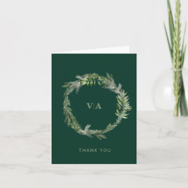 Cartão De Notas Verde Pine de inverno com Monograma de Casamento