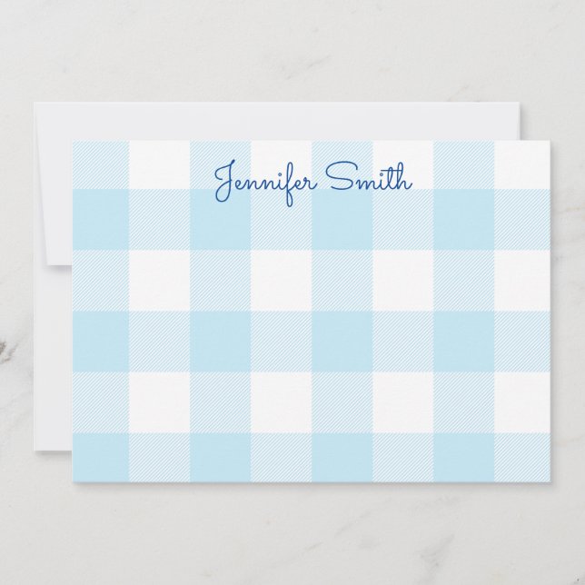 Cartão De Notas Verificação de Gingham Branco e Azul Pastel (Frente)