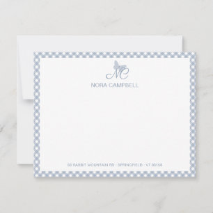 Cartão De Notas Verificações de Gingham Azul Dusty Monograma Elega