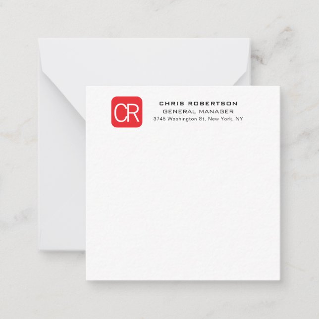 Cartão De Notas Vermelho Branco Profissional Simples Monogramado (Frente)