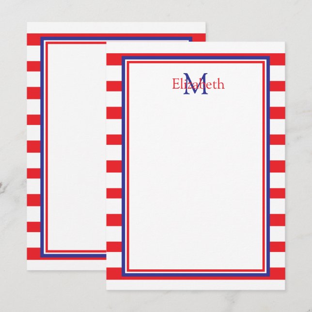 Cartão De Notas Vermelho e Branco com Marinho Azul Stripes Monogra (Frente/Verso)