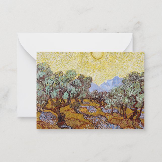 Cartão De Notas Vincent van Gogh - Oliveiras, céu amarelo e sol (Frente)