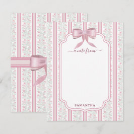 Cartão De Notas Vintage Pink Floral Coquette Bow Custom Name