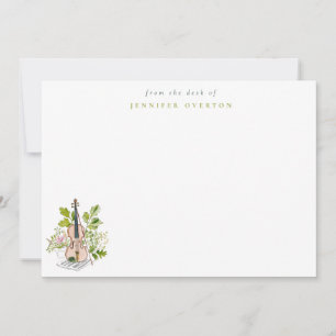 Cartão De Notas Violino em Aquarela & Personalizado com Folhagens