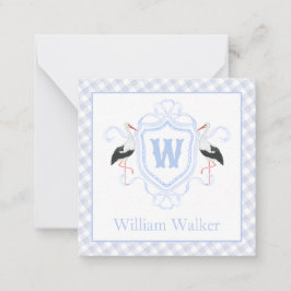 Cartão De Notas Watercolor Blue Stork Gingham Monogram Crest