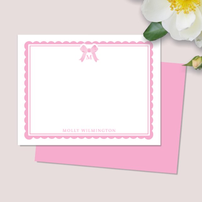 Cartão De Notas Watercolor Bubblegum Pink Bow Preppy Monogram (Criador carregado)