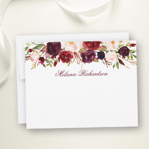 Cartão De Notas Watercolor Floral Burgundy Personalizado